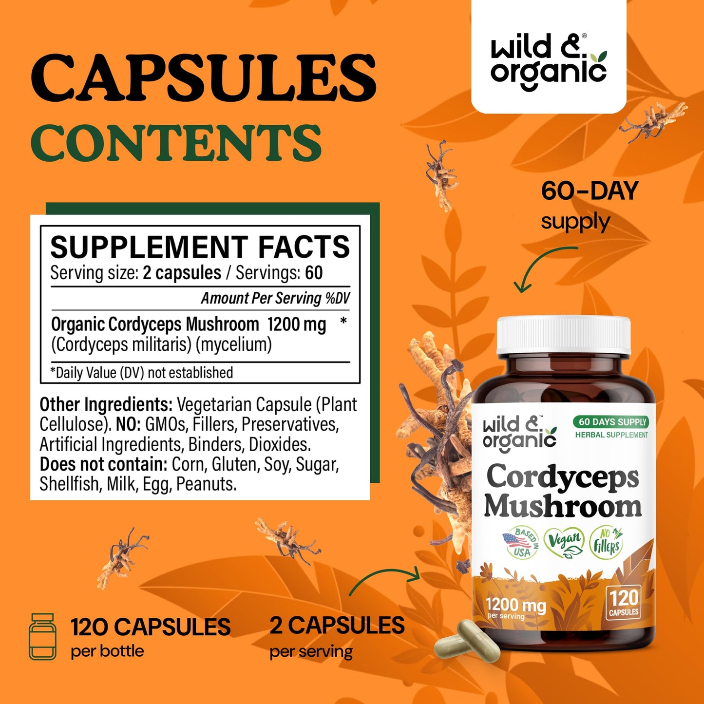 Wild & Organic Cordyceps Mushroom Capsules 1200 mg, 120 Capsules
