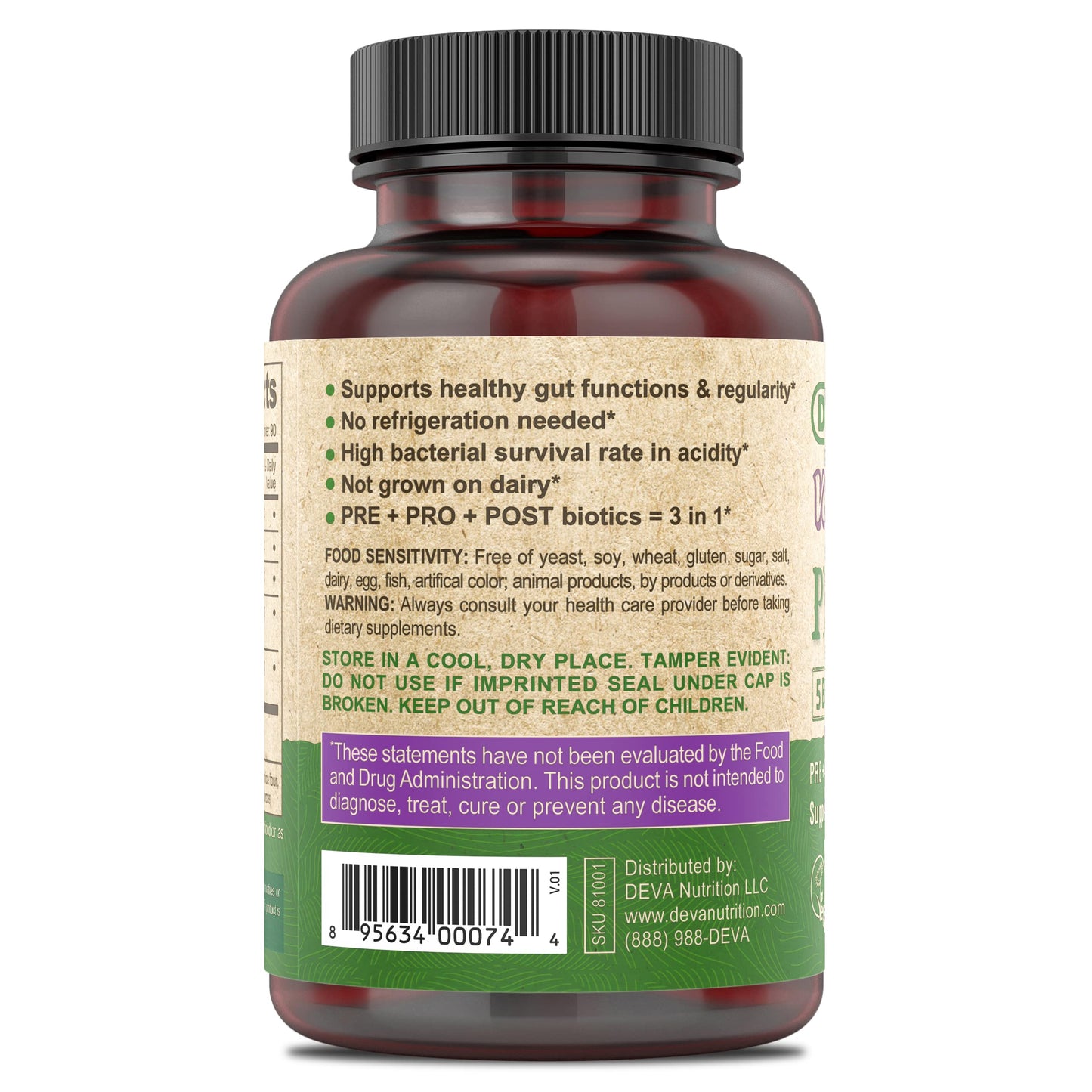 DEVA Vegan Probiotic Supplement - Pre, Pro, and Postbiotics for Digestive Health 5 Billion CFU Capsule 90