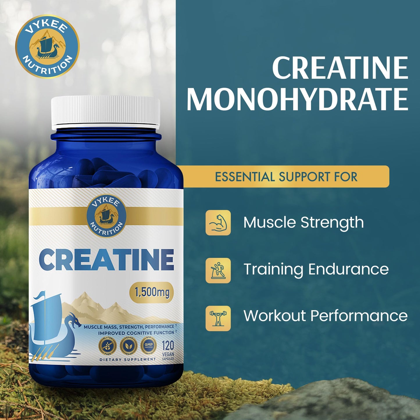 Vykee Nutrition Creatine Monohydrate Capsules 1,500 mg, 120 Capsules