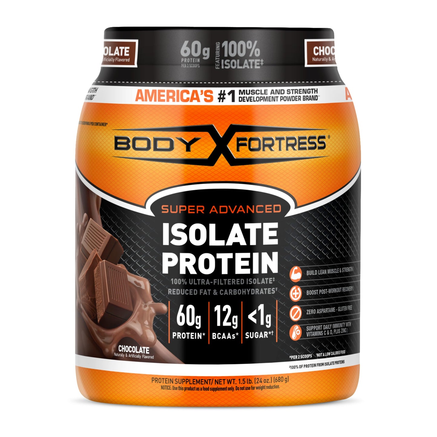Body Fortress Super Advanced Isolate Protein Powder, Chocolate, 1.5 lb, 24 Servings