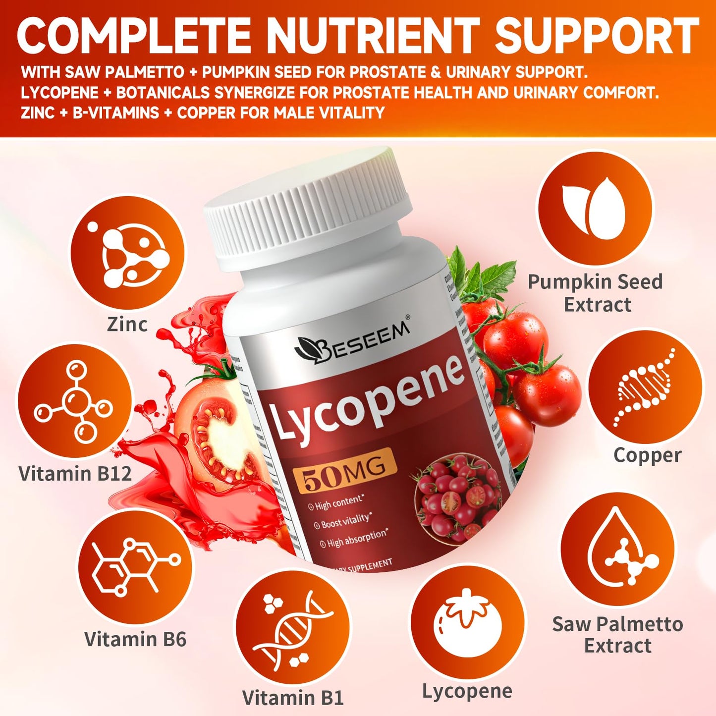 Beseem Lycopene Softgels with Saw Palmetto & Pumpkin Seed Oil – Prostate Health Support & Nutrient Complex with Zinc, Vitamin B6, B12, Copper, 60 Capsules