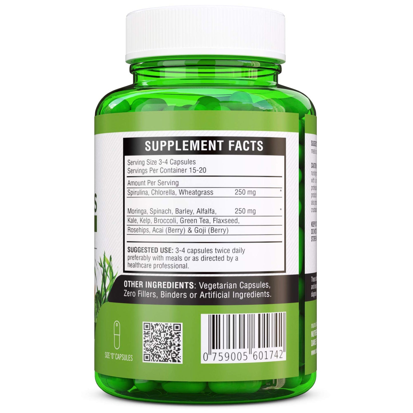 NutreeVit SuperGreens - Spirulina, Chlorella, Wheatgrass + More - Nutrient-Packed Green Blend 90 Capsules