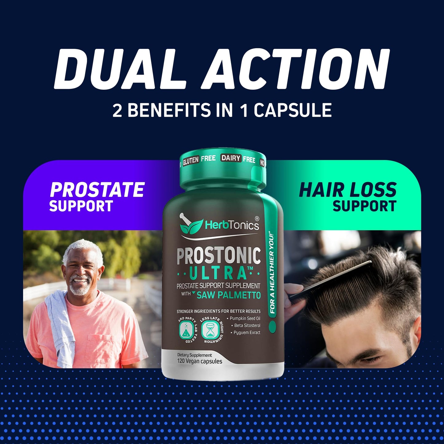 Herbtonics Dual Prostate & Hair Support for Men – Saw Palmetto, Beta-Sitosterol, Pumpkin Seed – Promotes Urinary Health & Natural DHT Blocking, 120 Capsules
