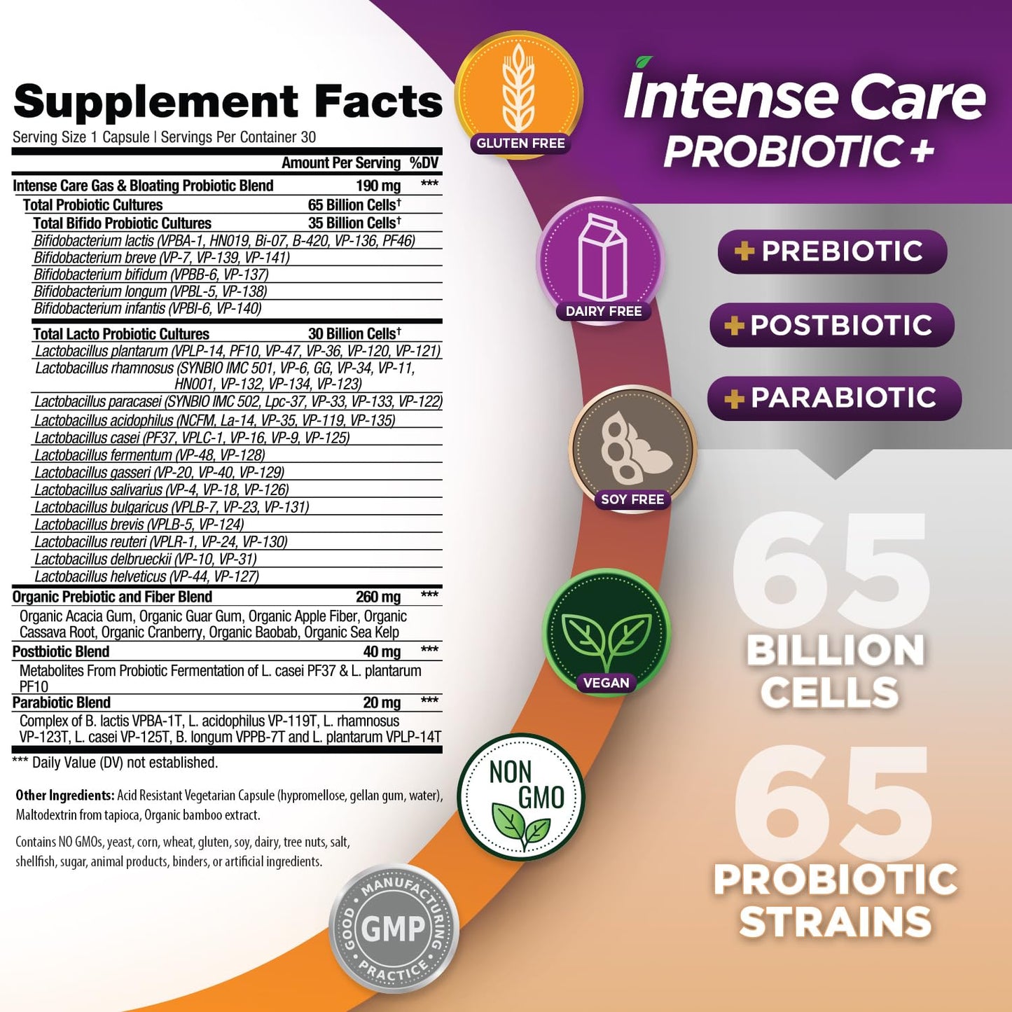 Vital Planet Intense Care Gas & Bloating Probiotics Plus Organic Prebiotics, Postbiotics, Parabiotics, Complete 4-in-1 Supplement for Adults, 65 Billion CFU, 65 Strains, Digestive and Immune, Capsule, 30 Count