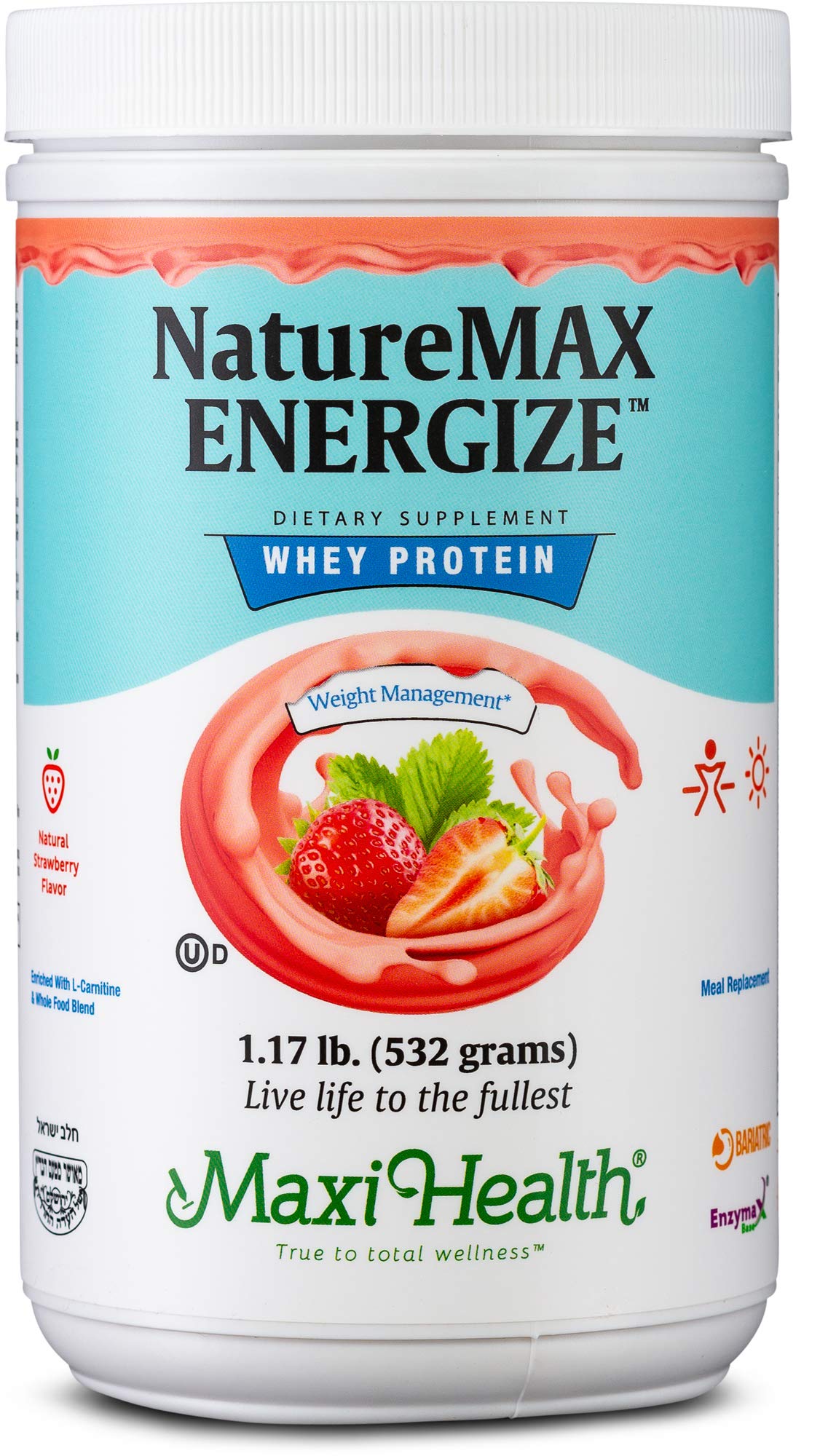 Maxi Health Naturemax Energize, Whey Protein Powder and Meal Replacement Kosher, Strawberry, 1.17 Pound