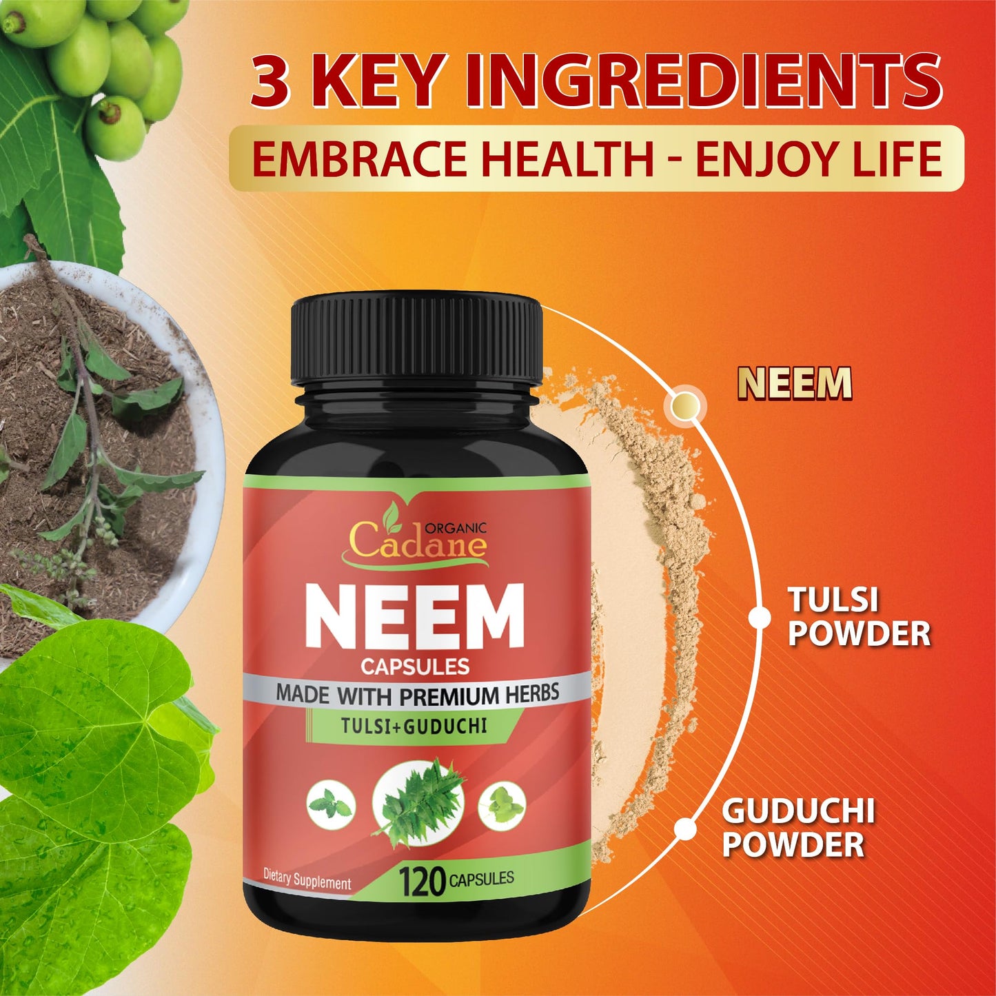 Organic Cadane Neem Leaf Supplements Capsules, 120 Capsules