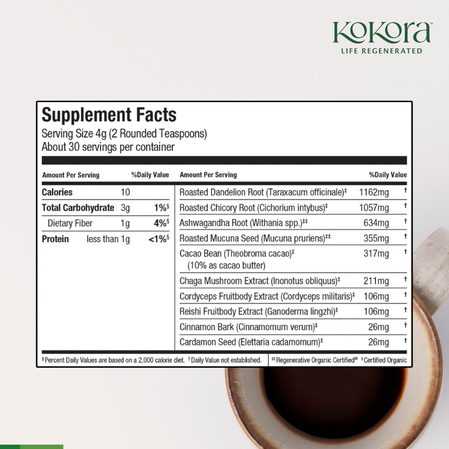 Kokora Roasted Kokora Lift - Energizes & Promotes Healthy Digestion* Coffee Alternative - Organic Adaptogenic Mushroom with Ashwagandha - Vegan, Non-GMO, No Added Sugar Powder, 30 Servings