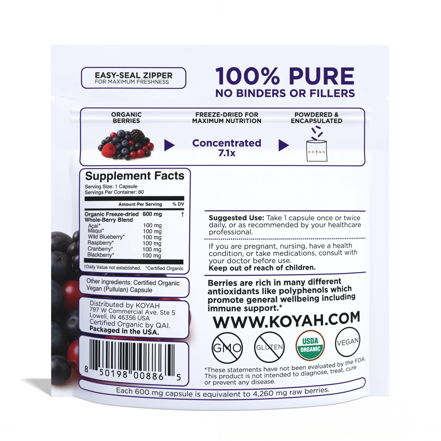 KOYAH Organic Berry Blend Freeze-Dried Capsules, 60 Capsules