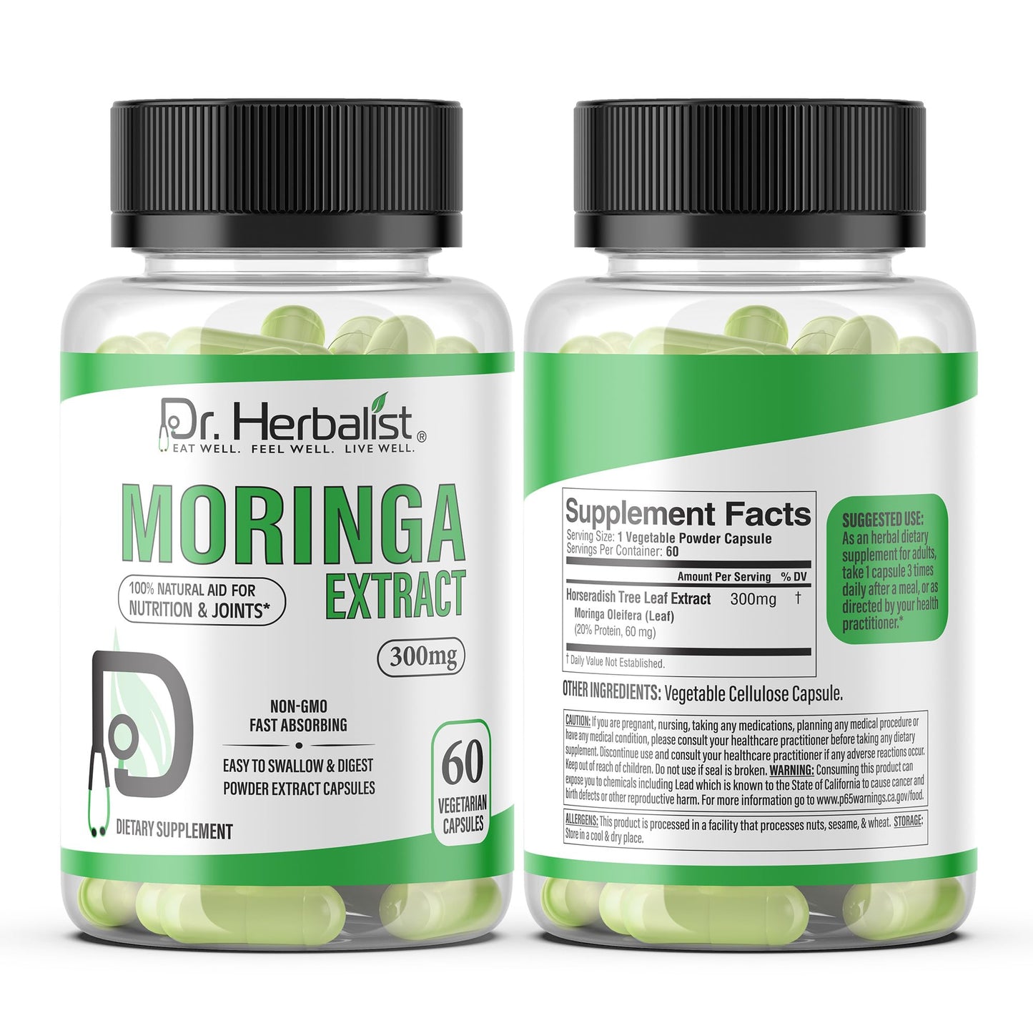 Dr. HERBALIST Moringa Extract Capsules 300mg Oleifera Leaf, Halal, 60 Count