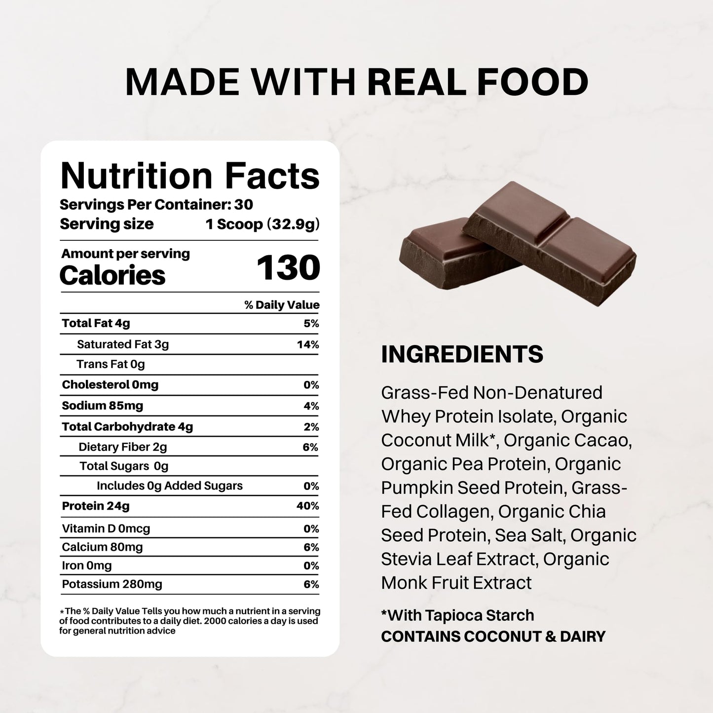 JUST INGREDIENTS Chocolate Protein Powder - Grass-Fed Whey, 30 Servings