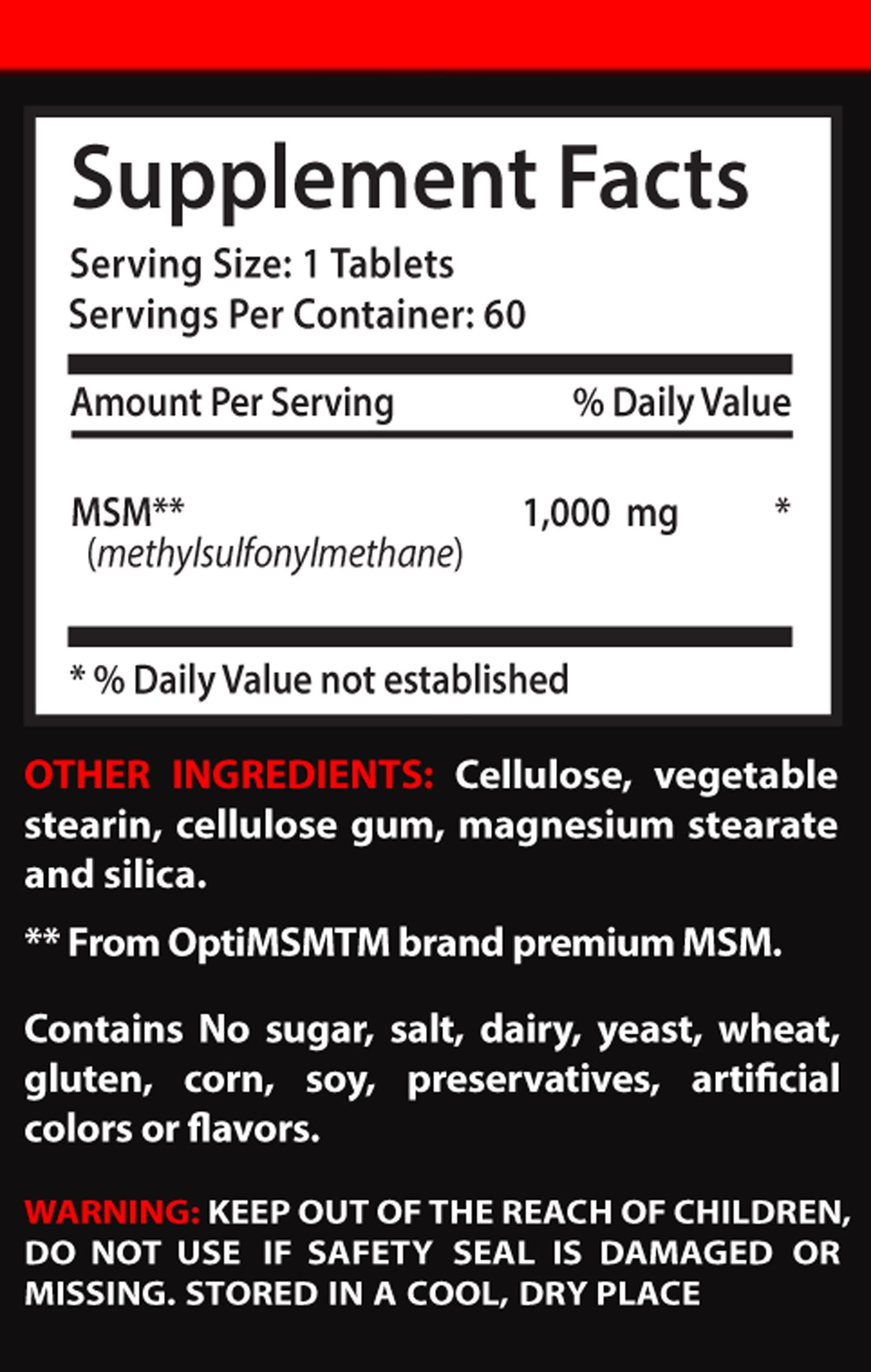 VIP VITAMINS MSM 1000MG Tablets, 60 Count