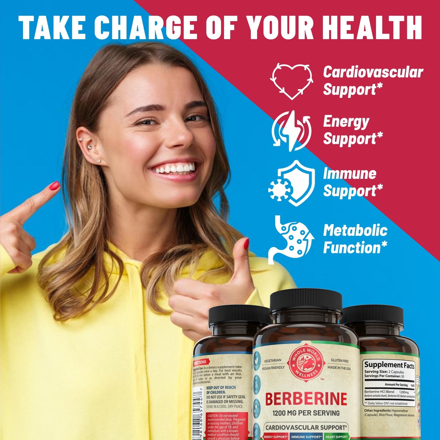 WHOLE WORLD WELLNESS Berberine 1200mg Herbal Health Capsules, 60 Count