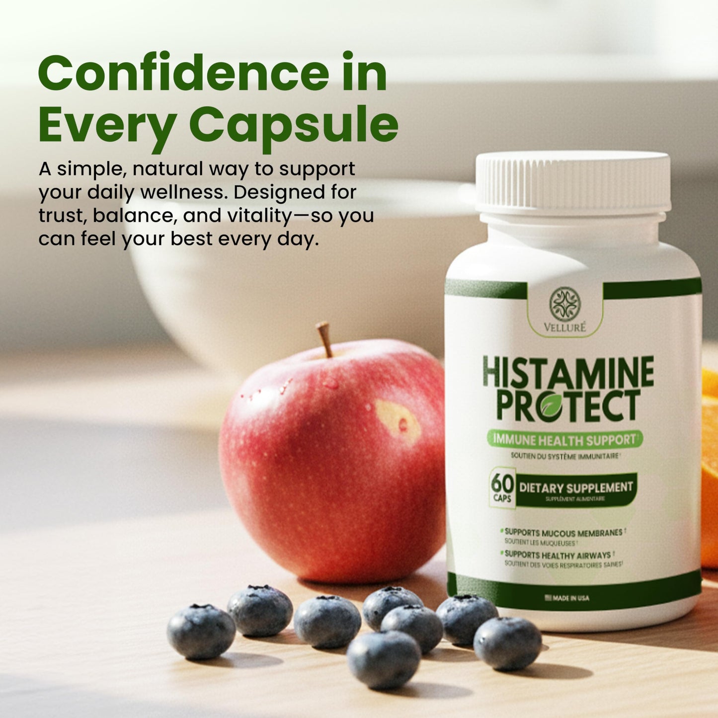 Velluré DAO Enzyme Supplement Histamine Blocker, Diamine Oxidase 30,000 HDU, with Quercetin, Magnesium & Vitamin C, 60 Capsules