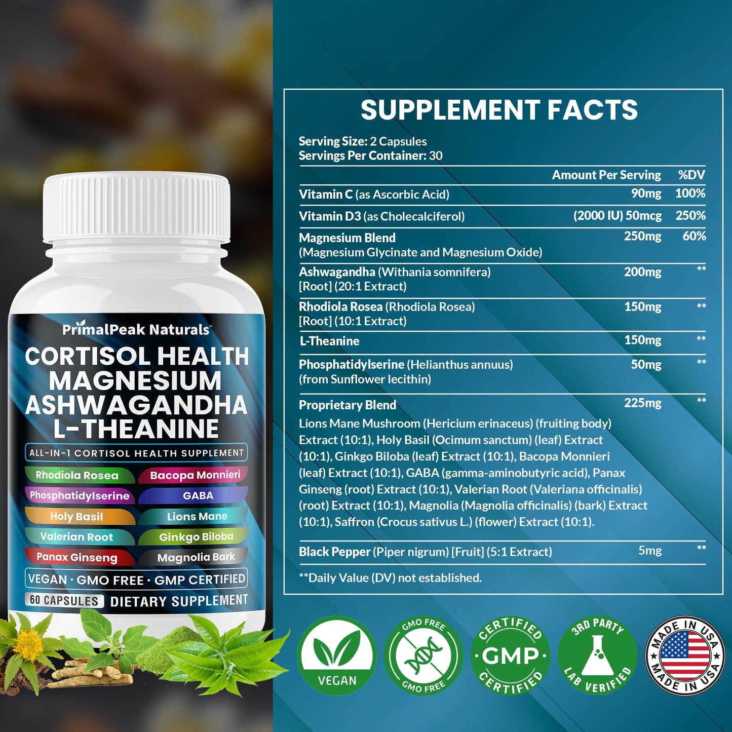 PrimalPeak Naturals Cortisol Supplements Capsules 60 Count