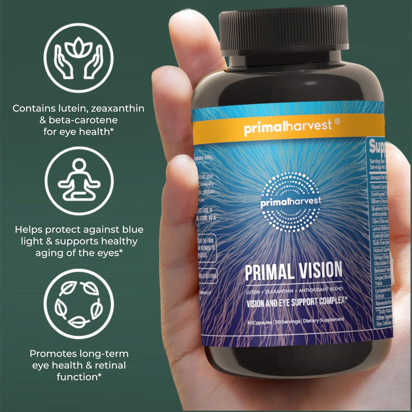 Primal Harvest Primal Vision with Lutein, Zeaxanthin, Vitamin A and Zinc for Eye Health, Blue Light Support and Visual Clarity, 60 Capsules