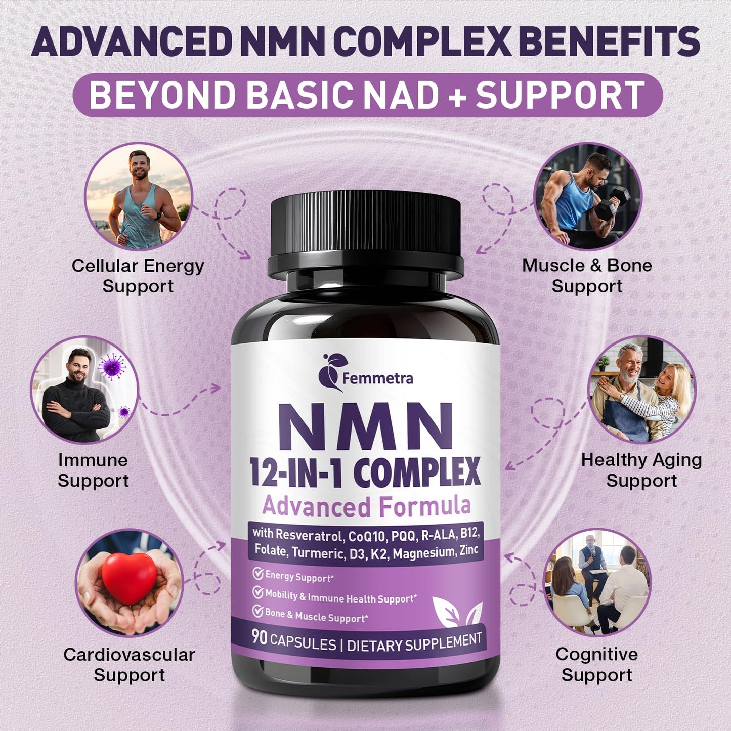 Femmetra Ultra NMN 1000 mg for NAD+, 12-in-1 NAD Supplement with CoQ10 200 mg, PQQ 40 mg, Resveratrol, R-ALA, Methyl B12, L-Methyl Folate, NMNH Alternative, 90 Capsules