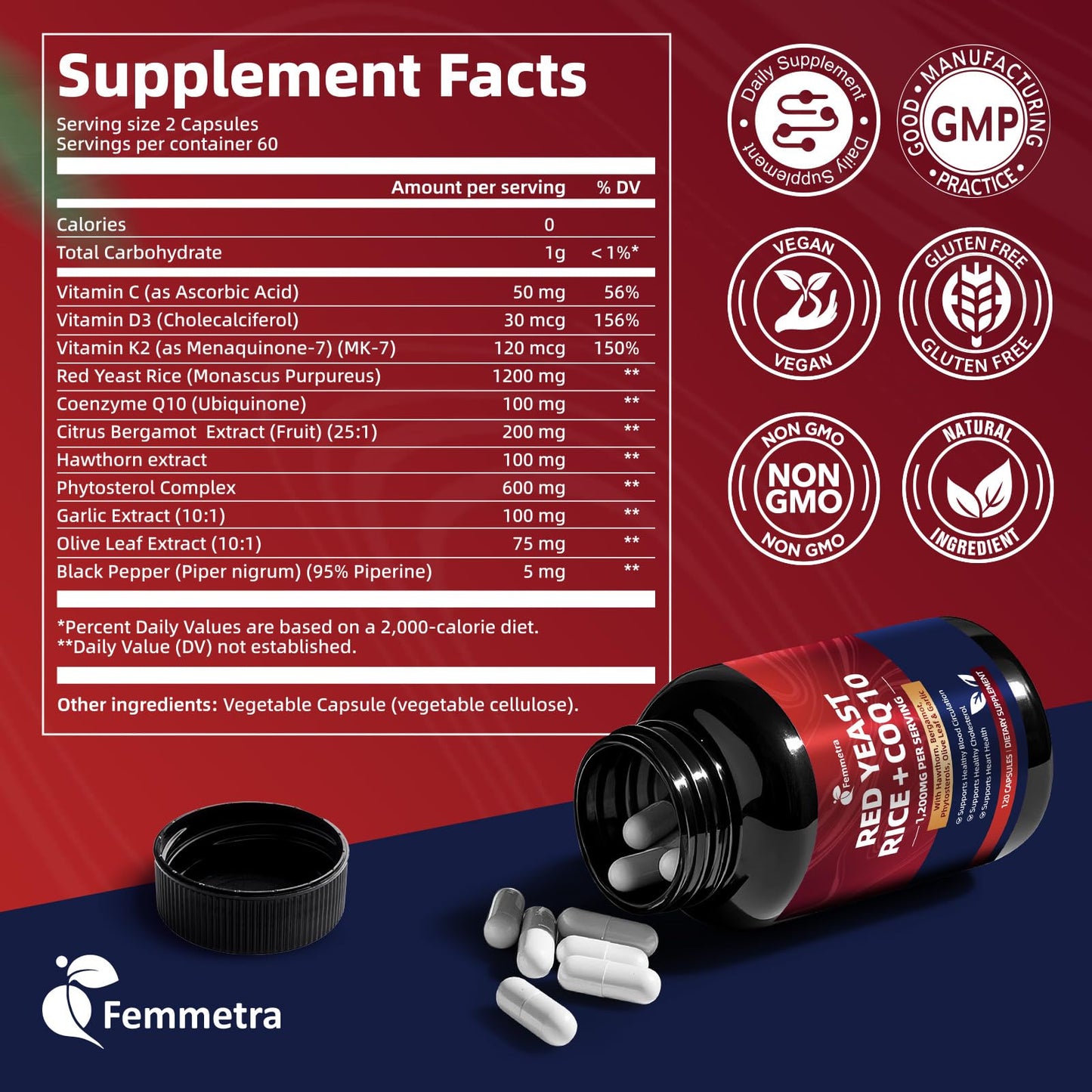 Femmetra Red Yeast Rice 1200mg with CoQ10 Capsule, 120 Count