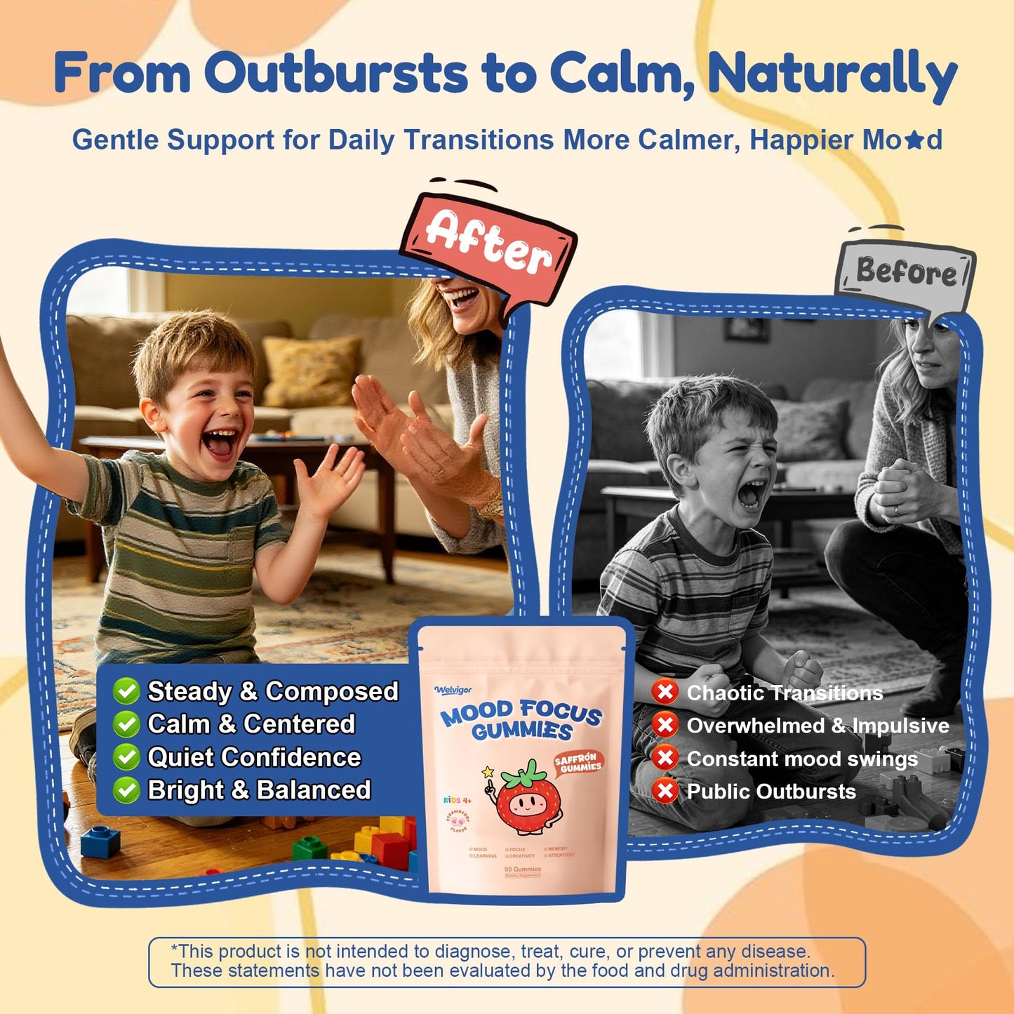 Welvigor Kids Saffron Gummies Mood Focus Support with Magnesium Glycinate, L-Theanine for Calm & Sleep, PS, Lion's Mane, Choline Brain Support for School Concentration & Attention, Sugar Free, 90 Gummies