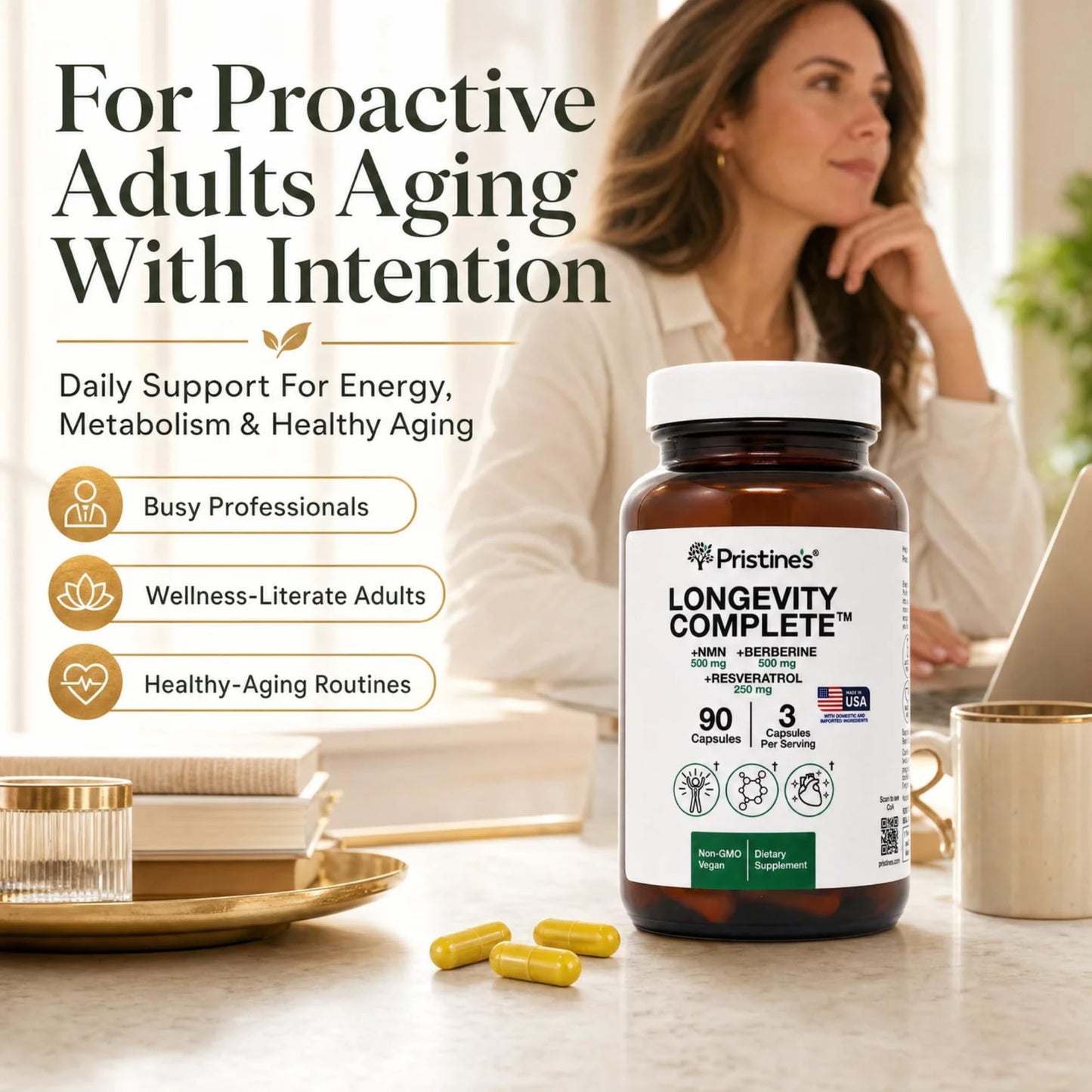 PRISTINE'S Longevity Complete Anti Aging NMN Complex - Advanced Cellular Support - NMN 500mg, Berberine 500mg, Resveratrol 250mg, Healthy Aging, Autophagy & NAD+ Support Capsules, 90 Count