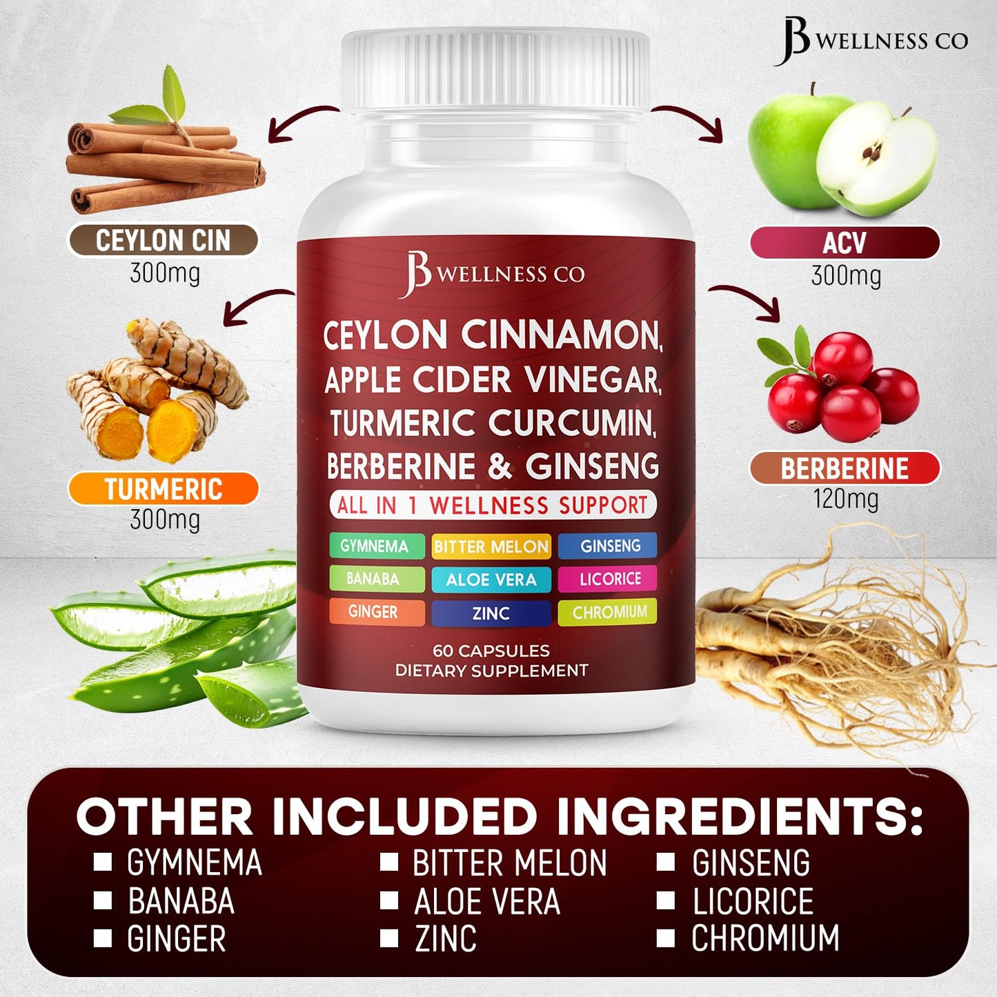 JB Wellness Co Ceylon Cinnamon Turmeric ACV Ginseng Aloe Vera Berberine Plus Banaba Ginger Root Capsules, 60 Count