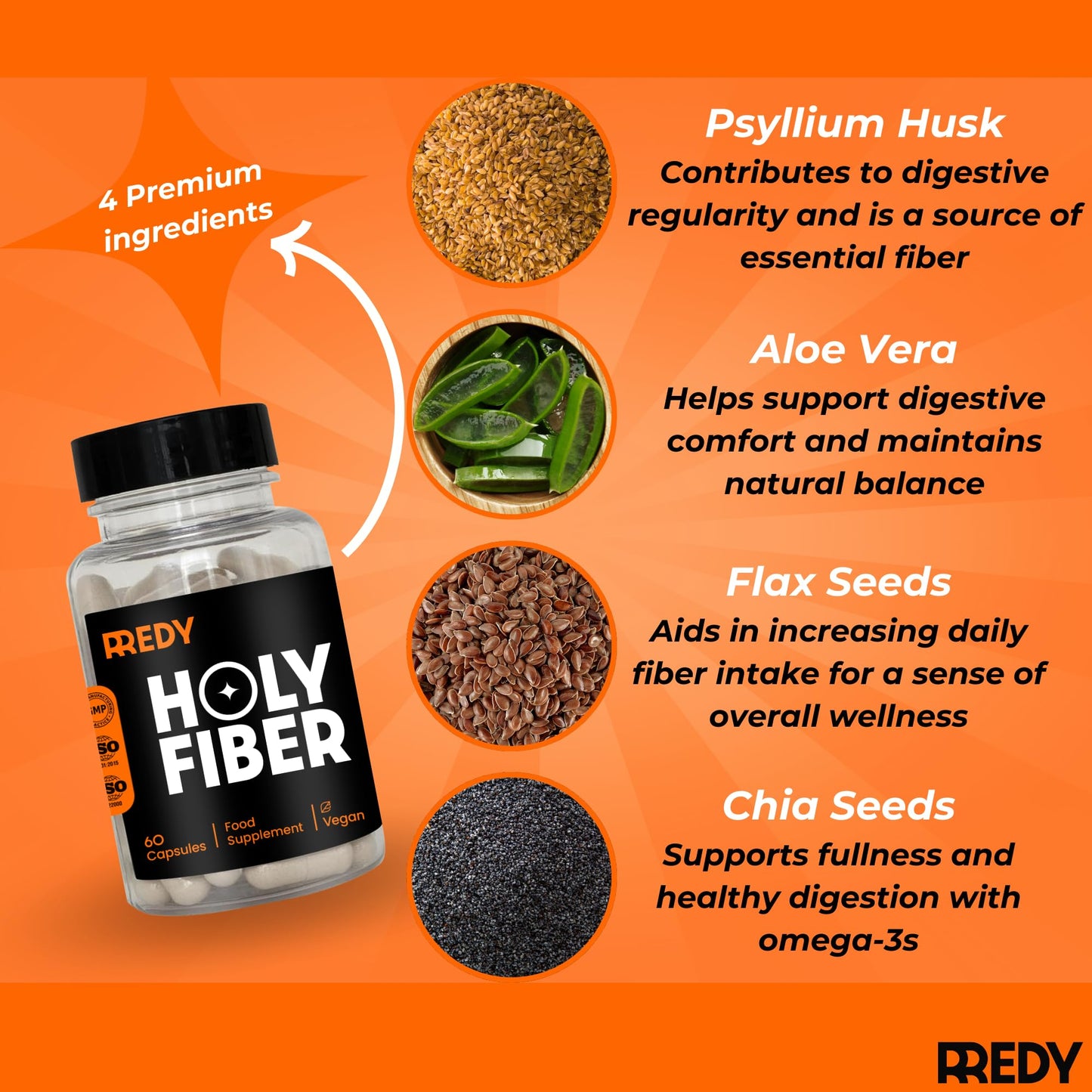 REDY Psyllium Husk 4-in-1 Premium Blend Fiber Supplement Capsules, 60 Count
