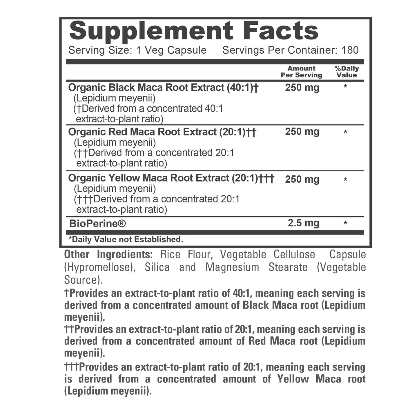 NusaPure Maca Root Black, Red, Yellow Capsules 750 mg, 180 Veg Capsules