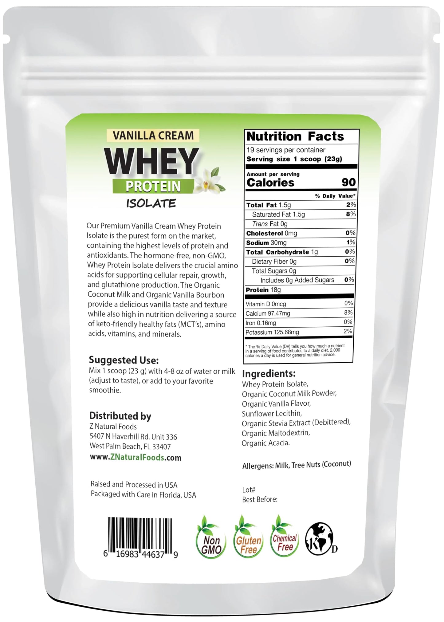 Z Natural Foods Whey Protein Isolate Powder Vanilla, 1 lb, 16 Servings