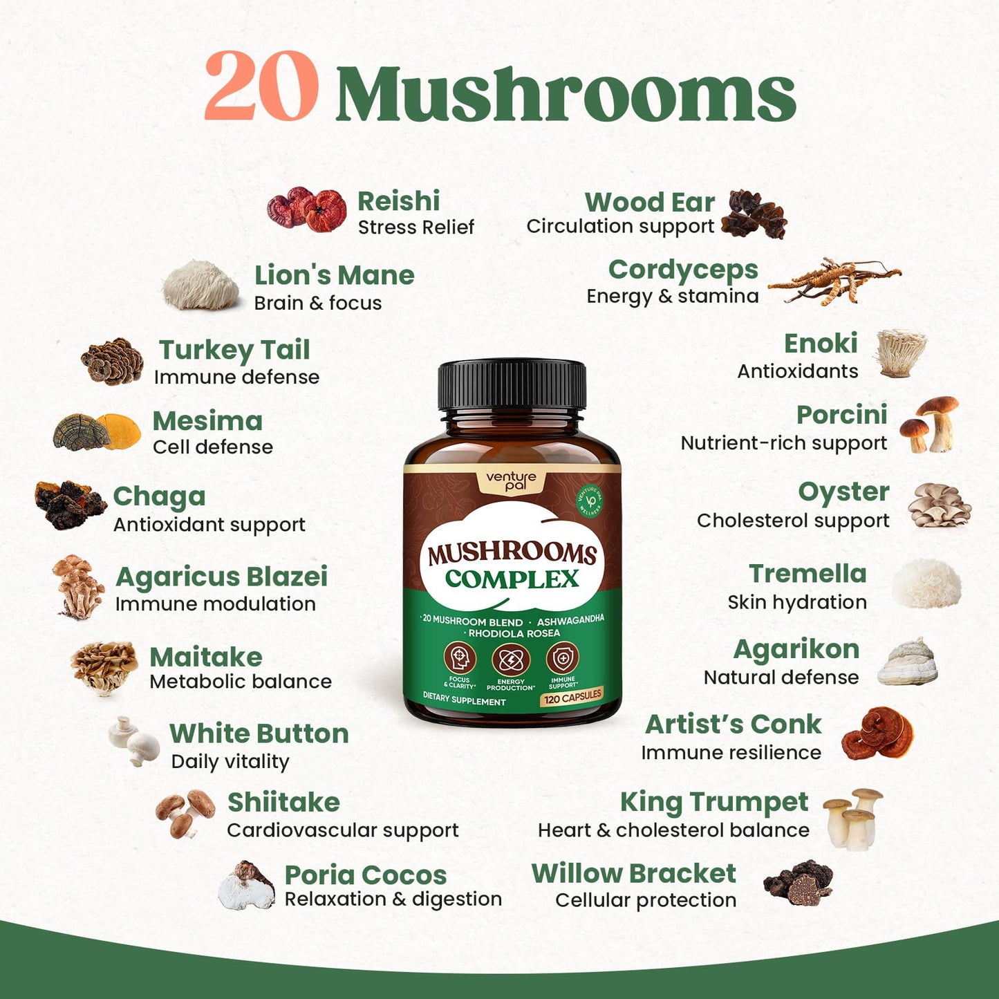 Venture Pal 23 in 1 Mushroom Complex with Lion's Mane & Ashwagandha Capsules, 120 Count