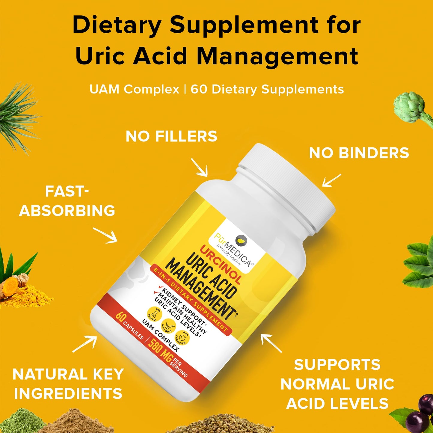 PurMEDICA Urcinol Uric Acid Supplement for Joint Support Capsules 60 Count