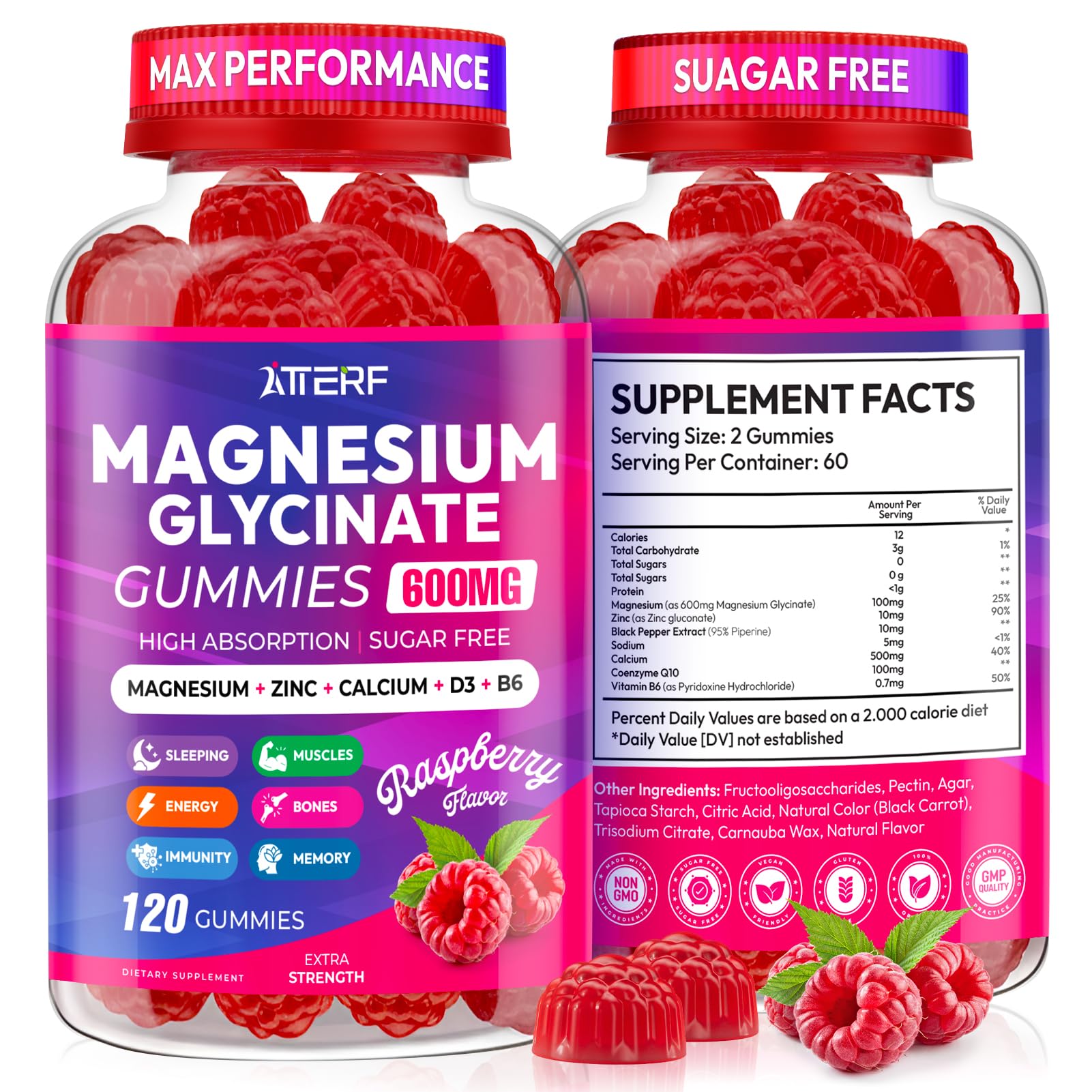 Atterf Magnesium Glycinate Gummies 600mg, Sugar Free High Absorption Chewable Magnesium Gummies with Zinc, Calcium, CoQ10 & B6 for Zzz, Relaxation, Brain & Muscle Support, 120 Gummies