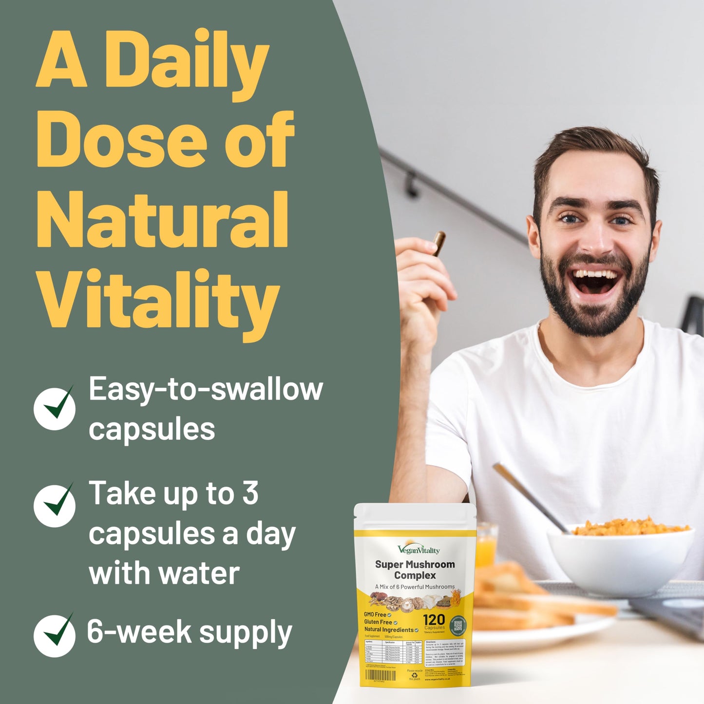 Vegan Vitality Multi Mushroom Supplement Complex Capsules, 60 Count