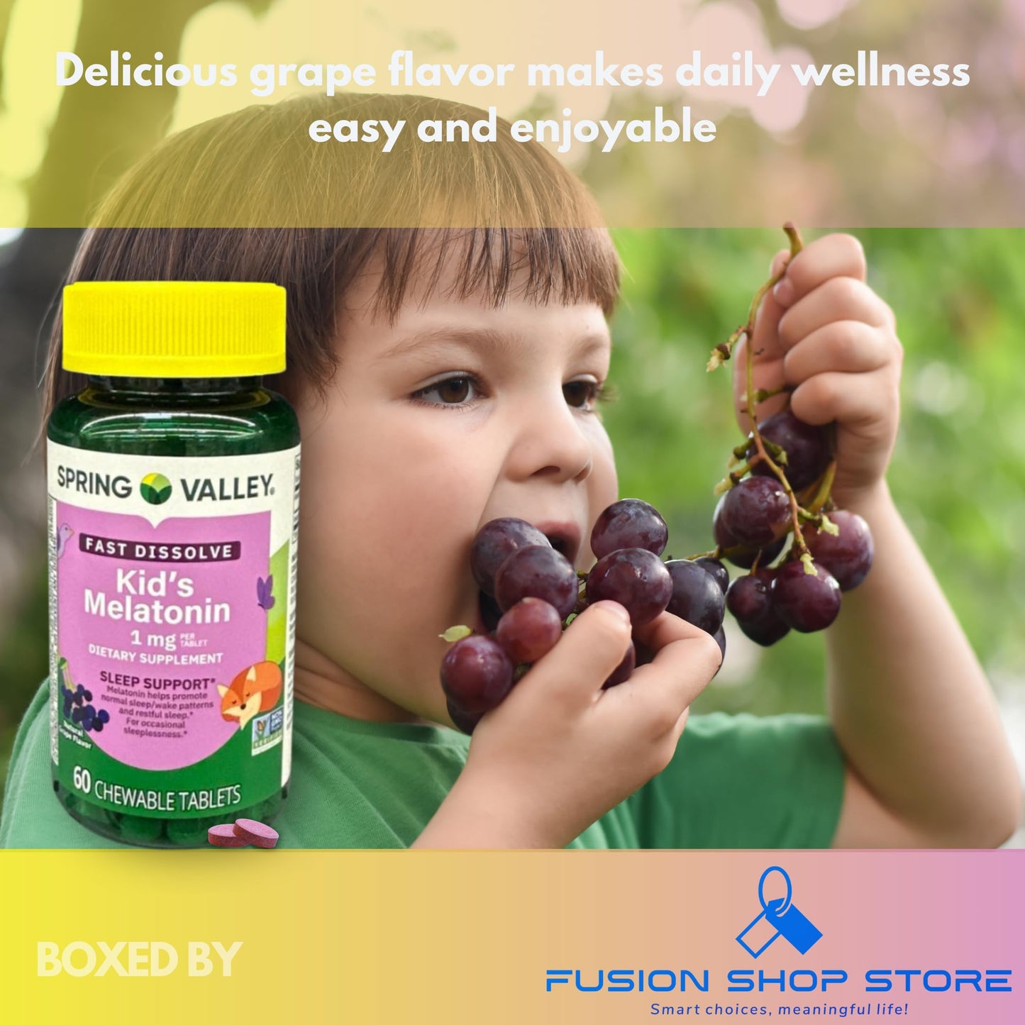 FUSION SHOP STORE Melatonin 1 mg Kids Grape Flavor Chewable Tablets, 60 Tablets