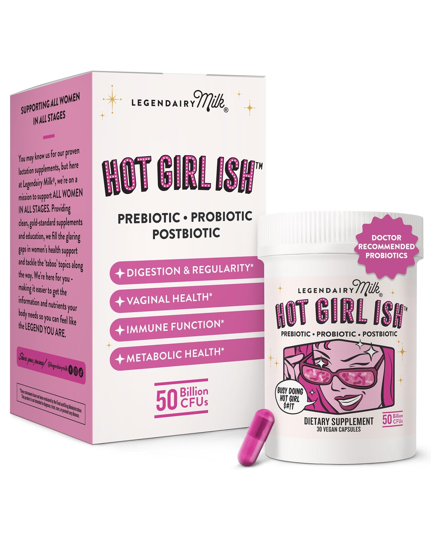 Legendairy Milk Hot Girl Ish™ Daily Probiotics for Women with 50 Billion CFU - Women's Probiotic Supplement with 20 Probiotic Strains, Prebiotics & Postbiotic for Digestive, Gut & Immune Health Capsule 30