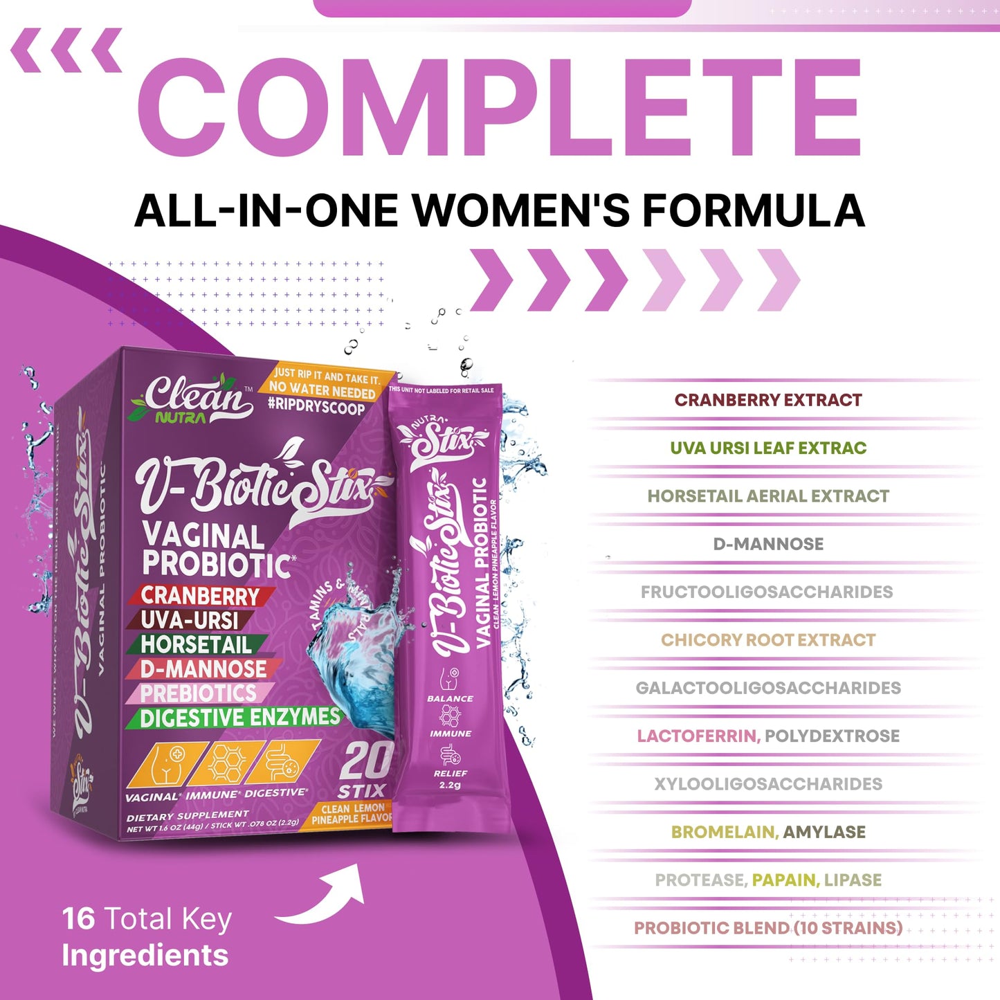 Clean Nutraceuticals Vaginal Probiotics for Women with Cranberry Extract, D-Mannose, Prebiotics, pH Balance, Vaginal Health Powder 0.71 Ounce