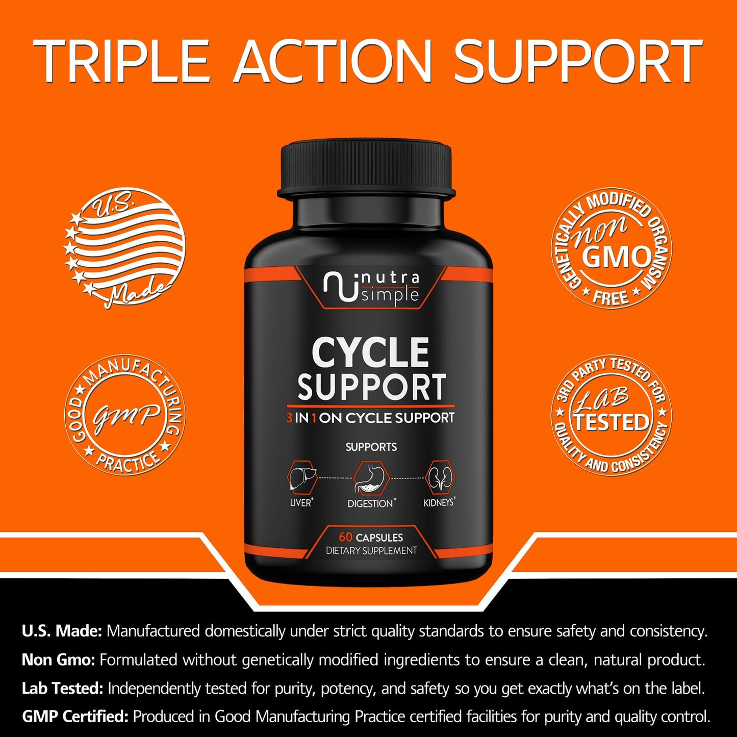 Nutra Simple Cycle Support Supplement for Men & Women - Natural Liver Cleanse Detox & Repair - Gut Health & Kidney Support with Milk Thistle, Beet Root, Dandelion, Choline, Artichoke Extract, 60 Capsules