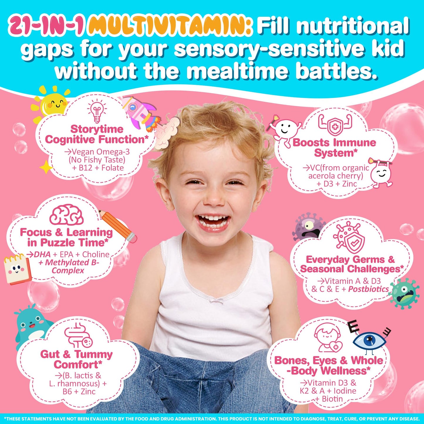 EnvyCure Zeolite Detox for Kids & Adults Organic Toddler Multivitamin Gummies + Omega-3 (DHA/EPA), Postbiotics, 180 Gummies