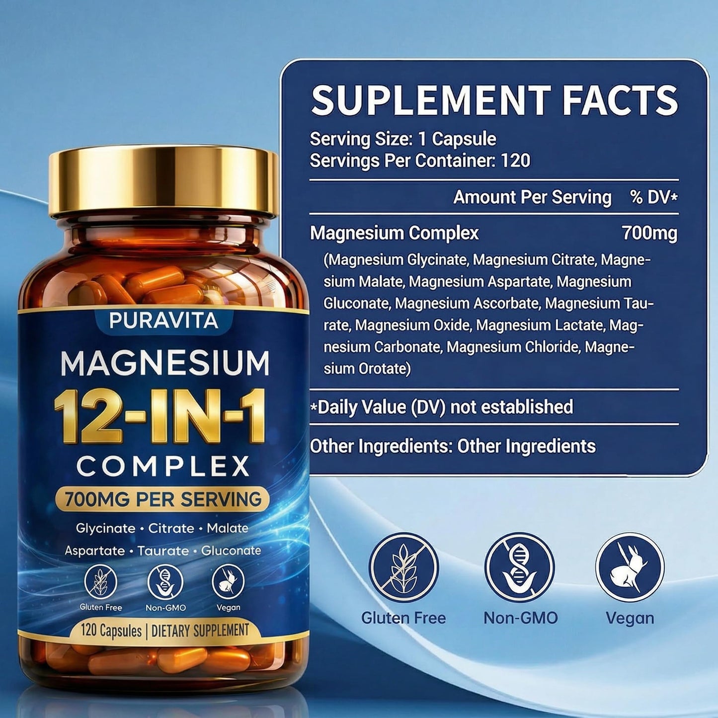 Peehss Puravita Magnesium Complex 12 in 1 Magnesium Supplement 700mg with Glycinate, Citrate, Malate, Oxide, Taurate & More, 120 Capsules