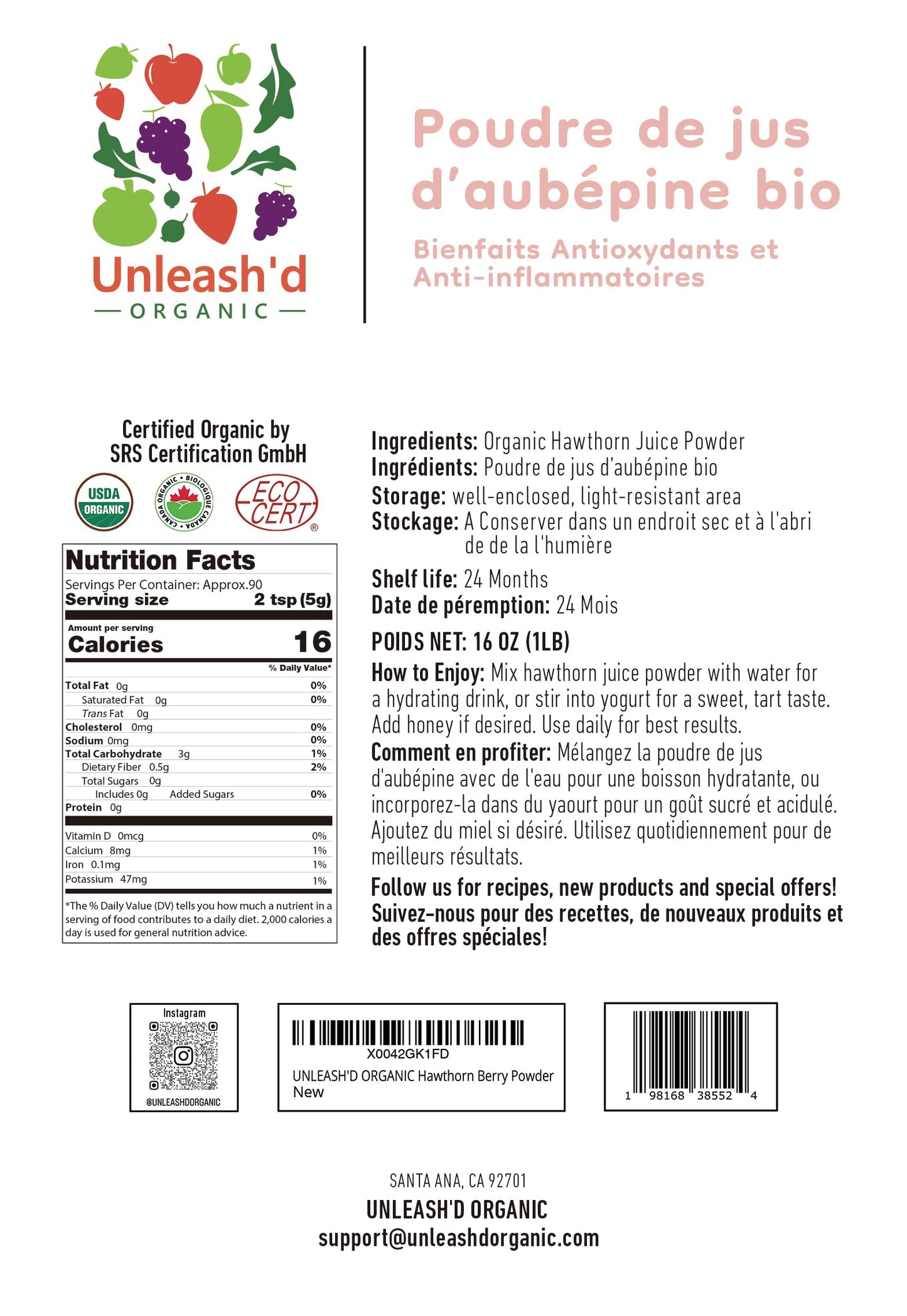 UNLEASH'D ORGANIC Hawthorn Juice Powder 16 oz