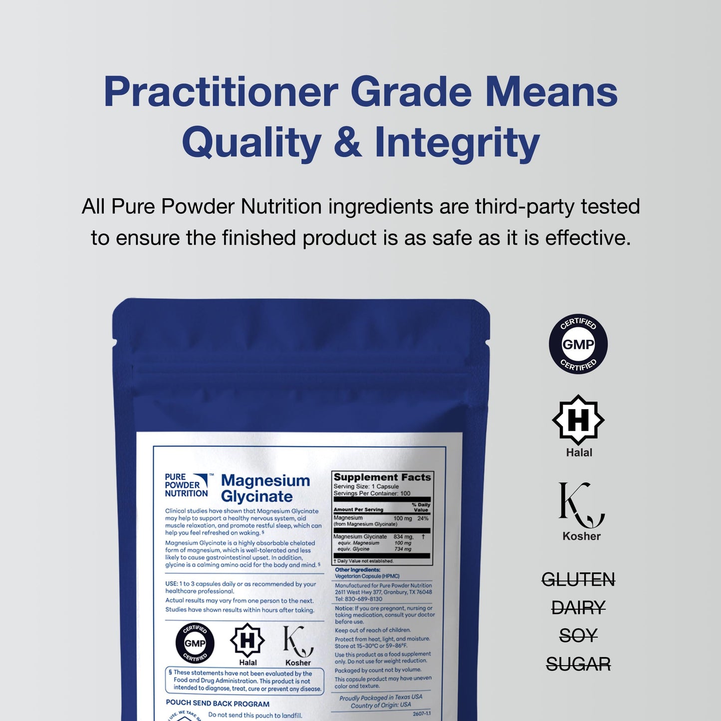 Pure Powder Nutrition Magnesium Bisglycinate (Glycinate) 100mg Capsules, 100 Count