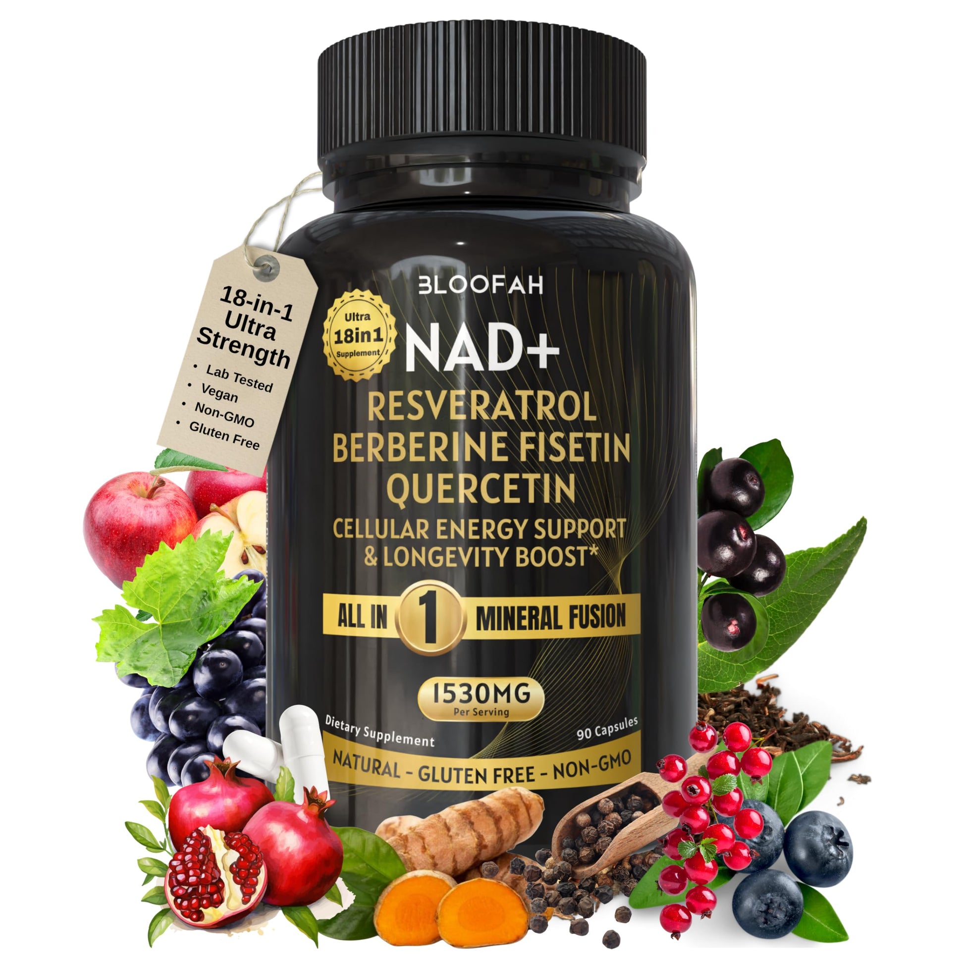 Bloofah NAD+ Supplement 1530mg Nicotinamide Riboside with Resveratrol 18-in-1 Herbal + Green Tea Capsule, 90 Capsules