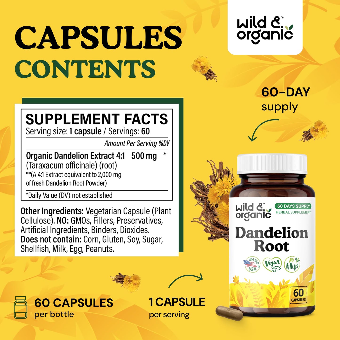 Wild & Organic Dandelion Root Capsules 60 Capsules