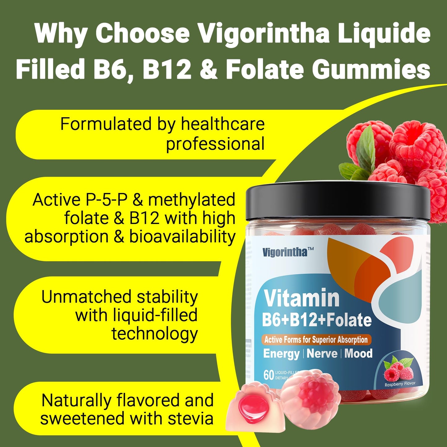 Vigorintha Methylated Vitamin B6, B12 & Folate Gummies, 60 Count
