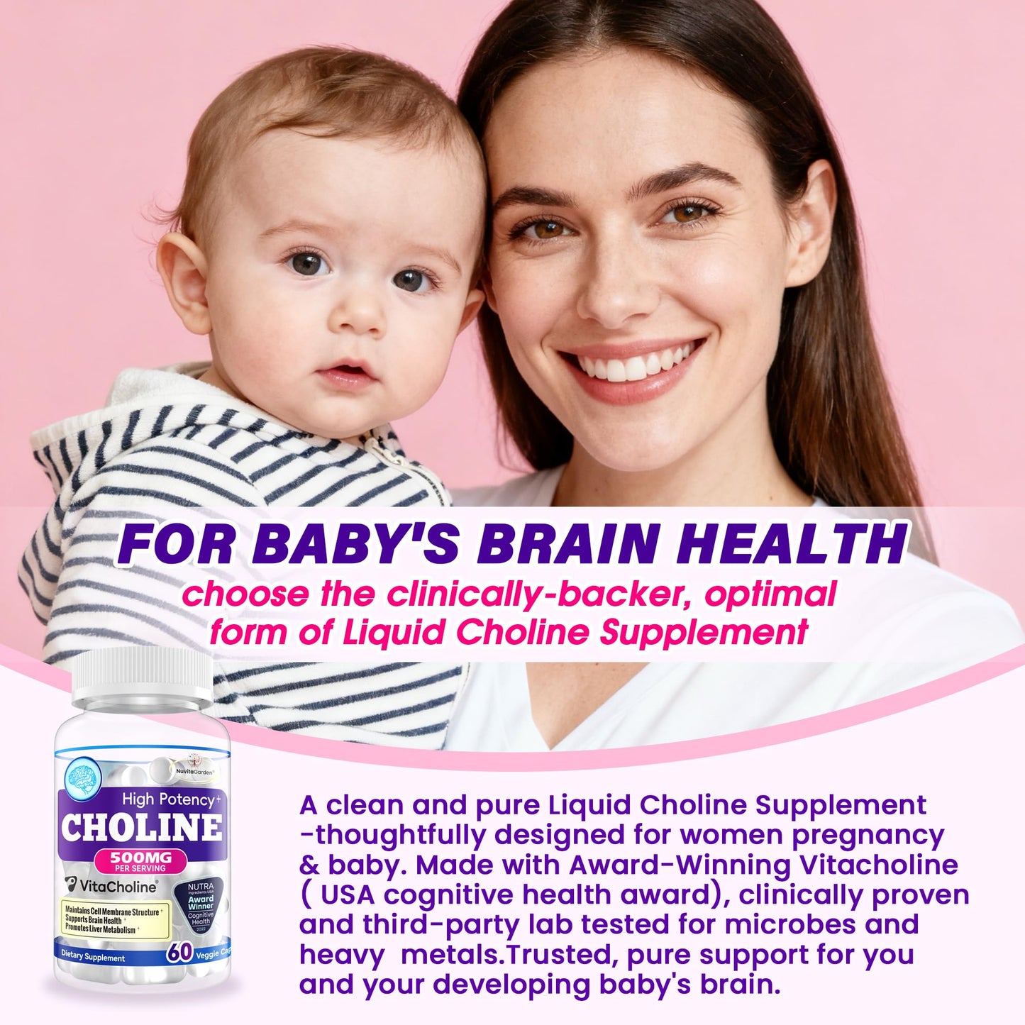 NuvitaGarden Choline 500 mg Capsules, 60 Count, Vegan, Brain Health, Mood Support, Muscle & Liver Support