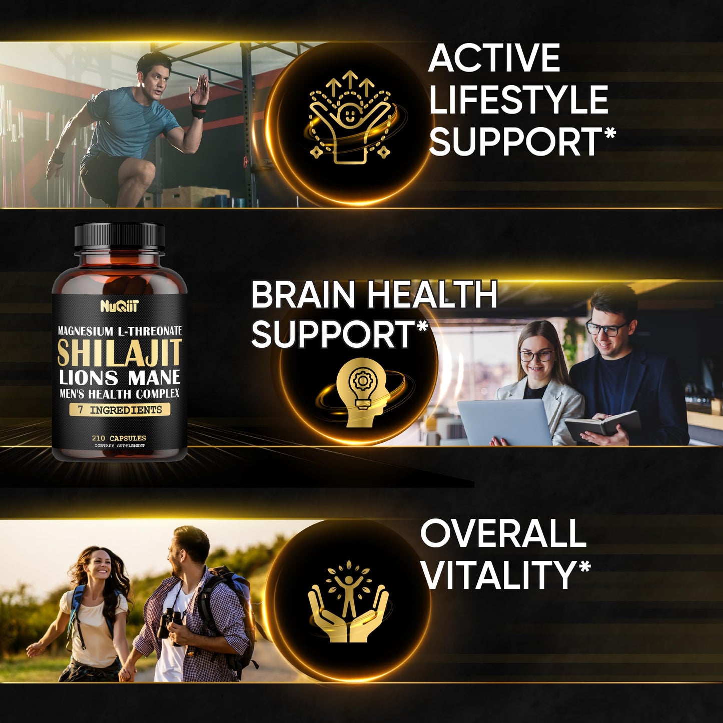 NUQIIT Magnesium with Lions Mane, Shilajit Capsules, Male's Health Complex with Ashwagandha & Maca Root, 210 Capsules
