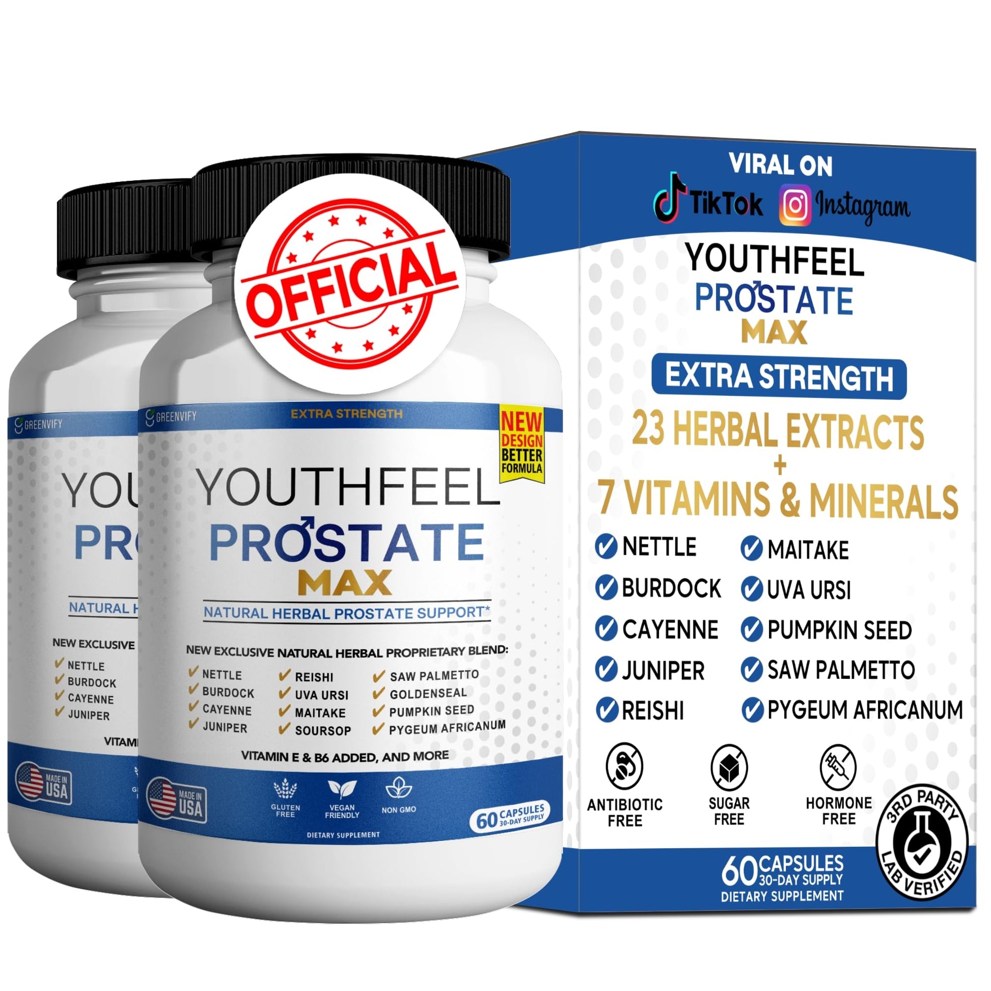 GREENVIFY Youthfeel Prostate Max Natural Herbal Support Supplement with Saw Palmetto, Vitamins E & B6 Capsules 120