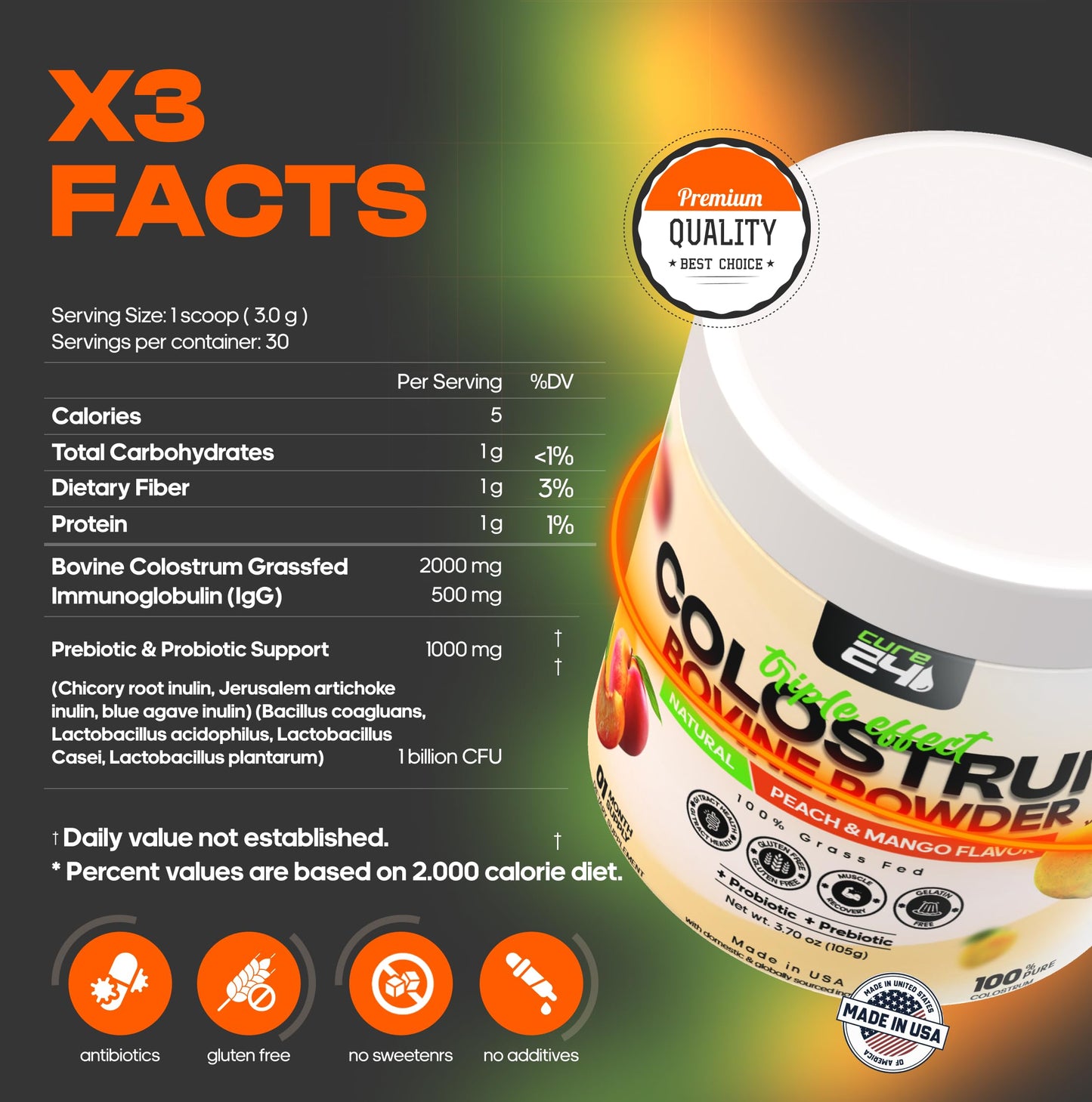 Cure24 Bovine Colostrum X3 Supplement Powder 3.17 oz