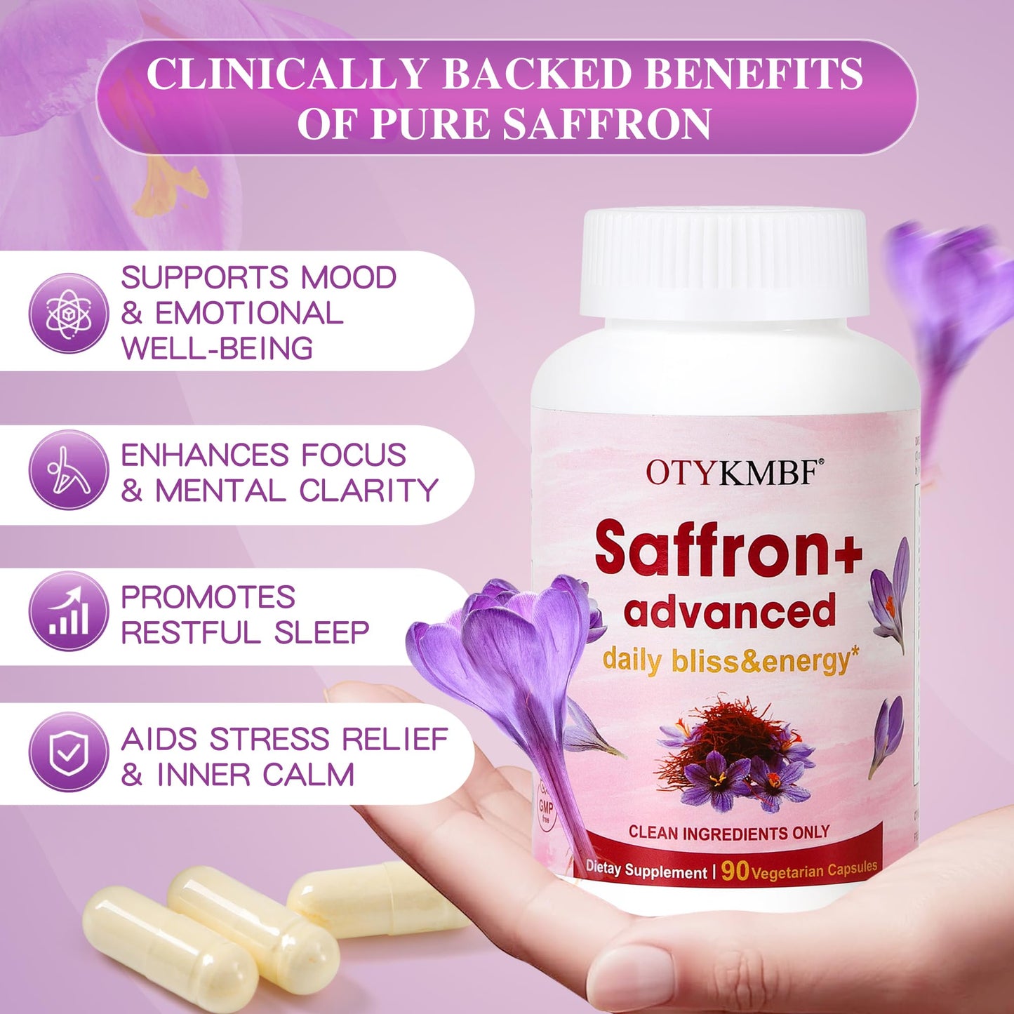 OTYKMBF Saffron+ Advanced Capsules – Pure Organic Saffron Supplement with Collagen, Biotin & Vitamin C – Mood, Focus & Stress Support, 90 Capsules