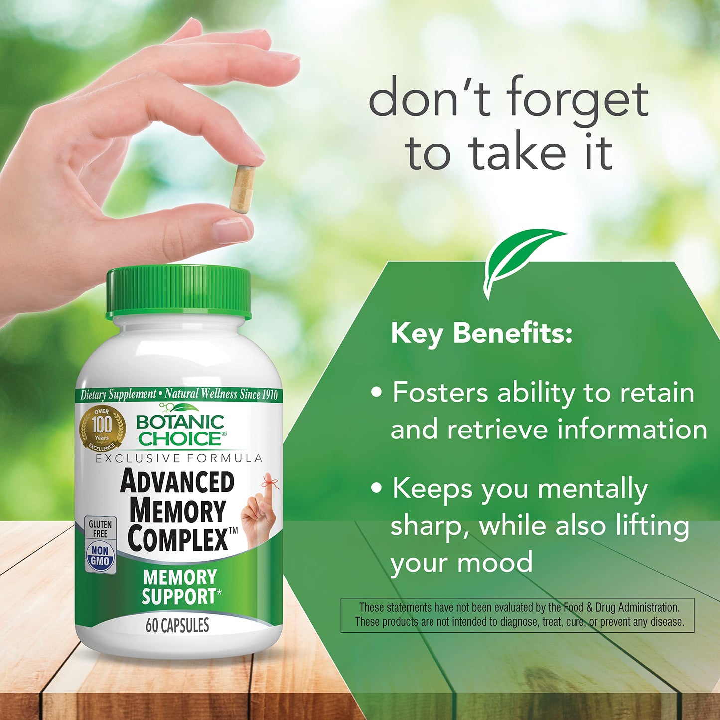 Botanic Choice Advanced Memory Complex - Mood Support Brain Supplements for Memory and Focus - Proprietary Herbal Blend with Ginkgo Biloba Capsules, 60 Count