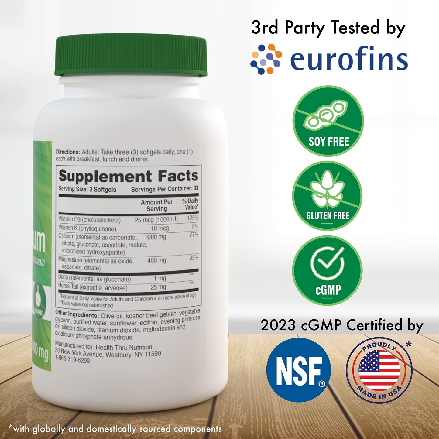 Health Thru Nutrition Calcium Magnesium Vitamin D3 Boron Bone Restore & Strength with 6-Calcium Complex Softgels 100 Count