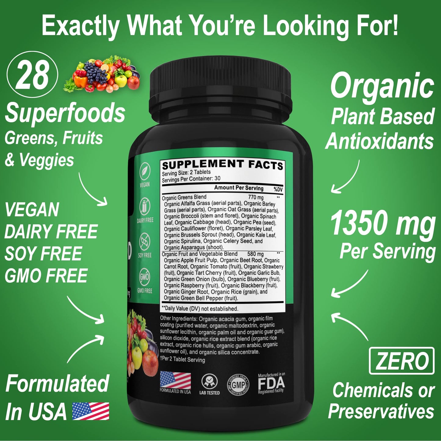 DR. BO Organic Superfood Greens & Fruit Supplements 60 Tablets